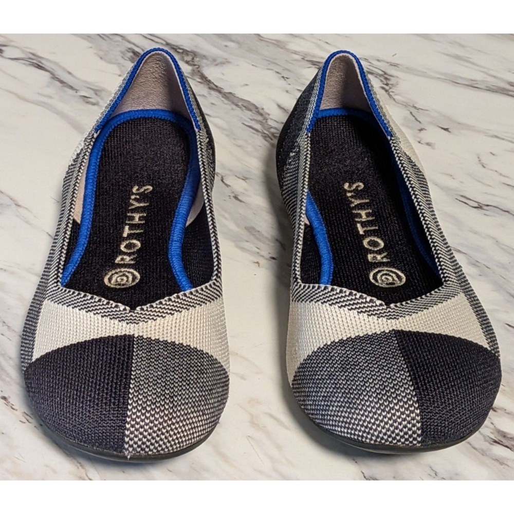 ROTHYS The Flats Women's Buffalo Plaid Round Toe Black Cream Flats Size 8
